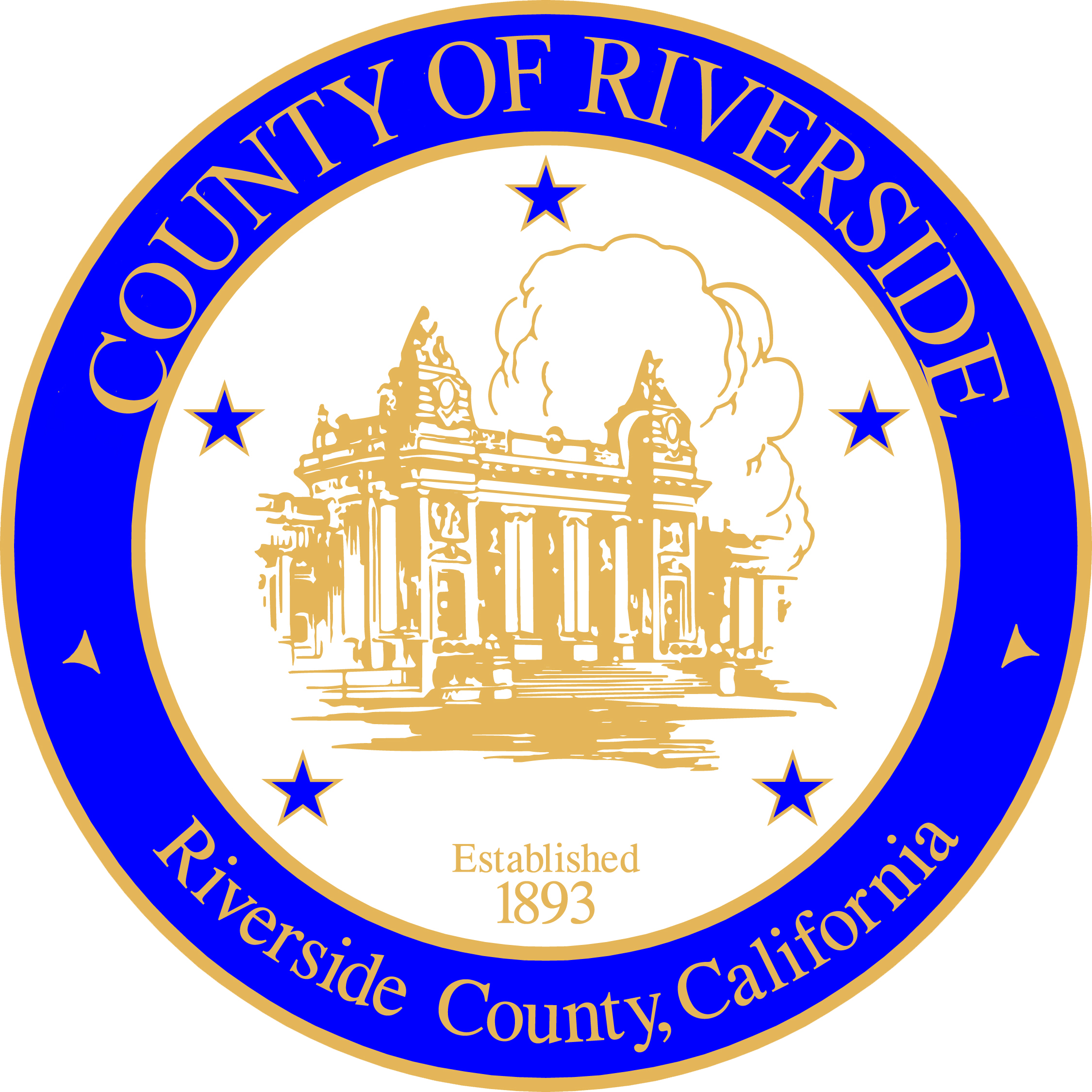 Seal of Riverside County, California, featuring a historic building illustration, surrounded by a blue border with stars and text.